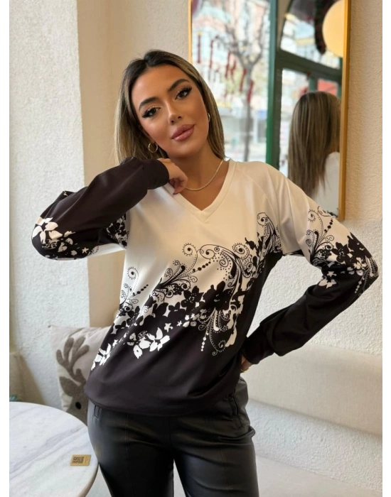 Kadın Uzun Kollu V Yakalı çiçek Baskılı şardonlu Dalgıç Bluz