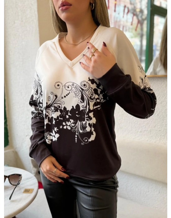 Kadın Uzun Kollu V Yakalı çiçek Baskılı şardonlu Dalgıç Bluz