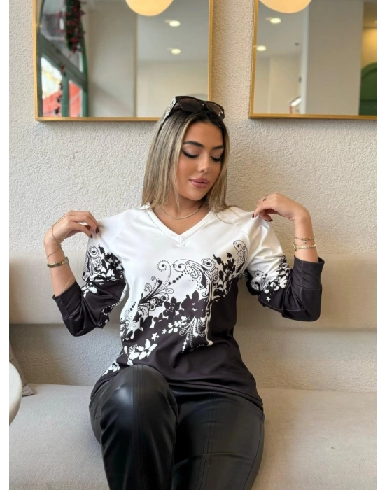Kadın Uzun Kollu V Yakalı çiçek Baskılı şardonlu Dalgıç Bluz