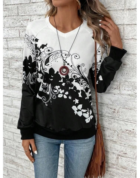 Kadın Uzun Kollu V Yakalı çiçek Baskılı şardonlu Dalgıç Bluz