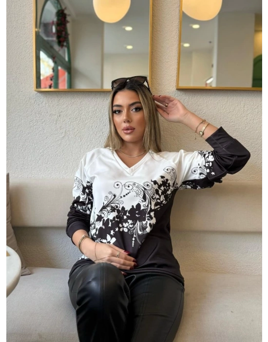Kadın Uzun Kollu V Yakalı çiçek Baskılı şardonlu Dalgıç Bluz