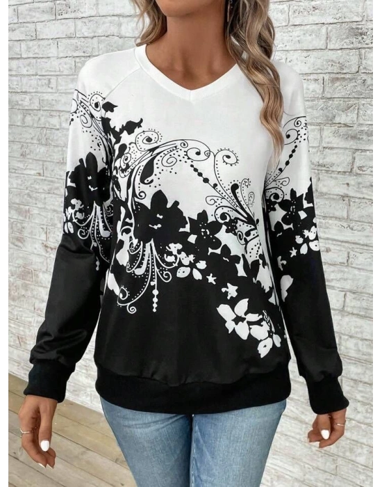 Kadın Uzun Kollu V Yakalı çiçek Baskılı şardonlu Dalgıç Bluz