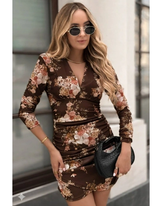 Kadın Uzun Kollu V Yakalı çiçek Desenli Dalgıç Mini Elbise