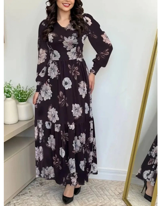 Kadın Uzun Kollu V Yakalı çiçek Desenli Maxi Süprem Elbise