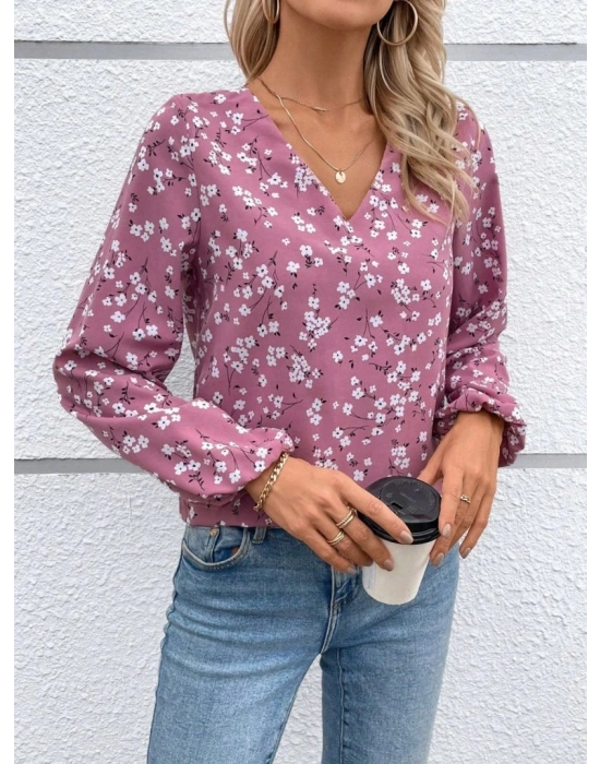 Kadın Uzun Kollu V Yakalı çiçek Desenli Modal Bluz