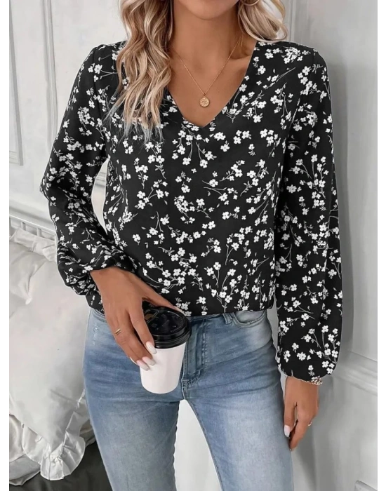 Kadın Uzun Kollu V Yakalı çiçek Desenli Modal Bluz