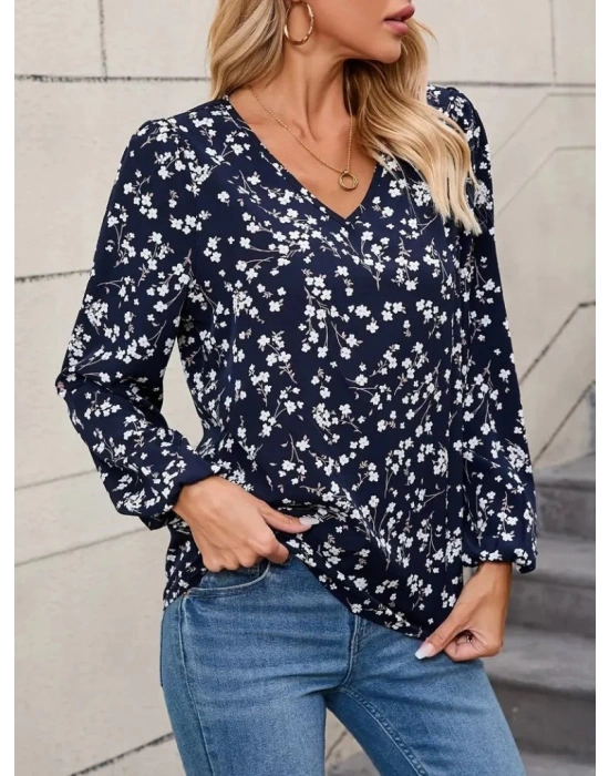 Kadın Uzun Kollu V Yakalı çiçek Desenli Modal Bluz