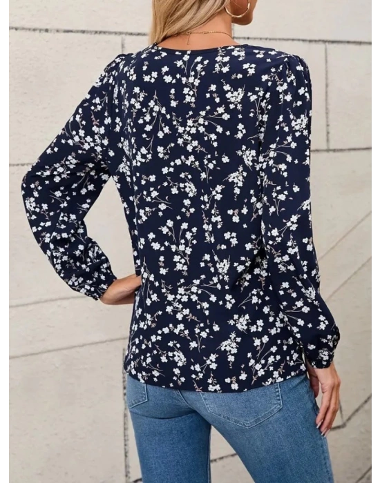 Kadın Uzun Kollu V Yakalı çiçek Desenli Modal Bluz