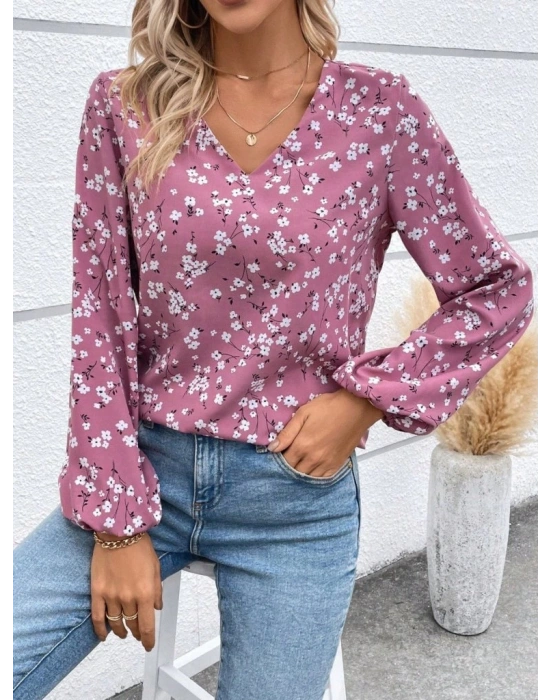 Kadın Uzun Kollu V Yakalı çiçek Desenli Modal Bluz