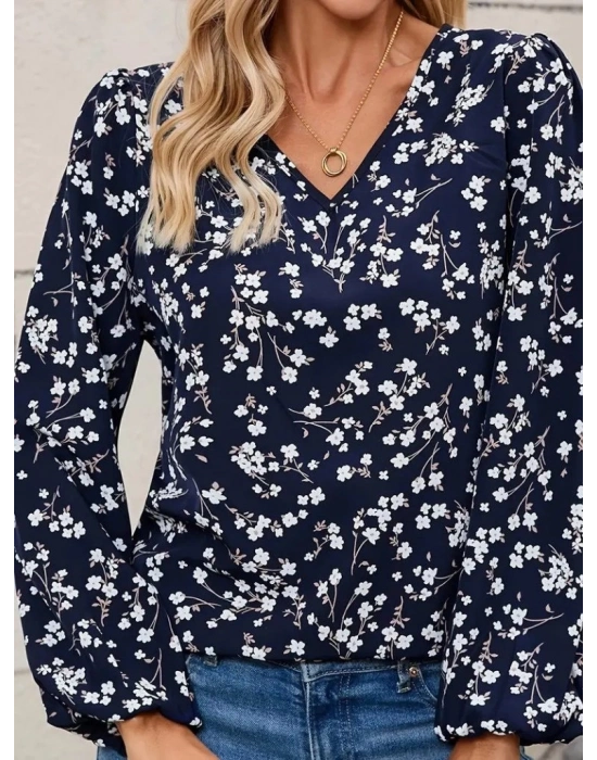 Kadın Uzun Kollu V Yakalı çiçek Desenli Modal Bluz