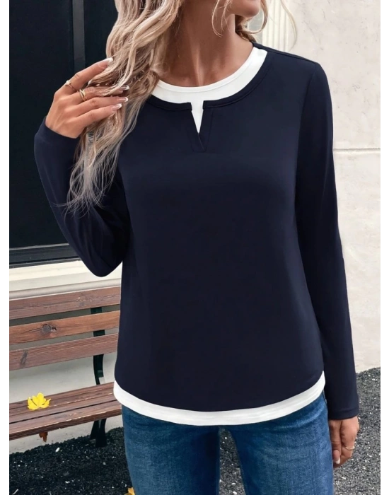 Kadın Uzun Kollu V Yakalı çift Renkli Viskon Iki Iplik Bluz