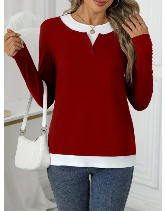 Kadın Uzun Kollu V Yakalı çift Renkli Viskon Iki Iplik Bluz