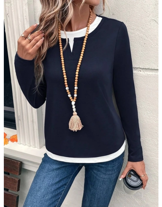 Kadın Uzun Kollu V Yakalı çift Renkli Viskon Iki Iplik Bluz