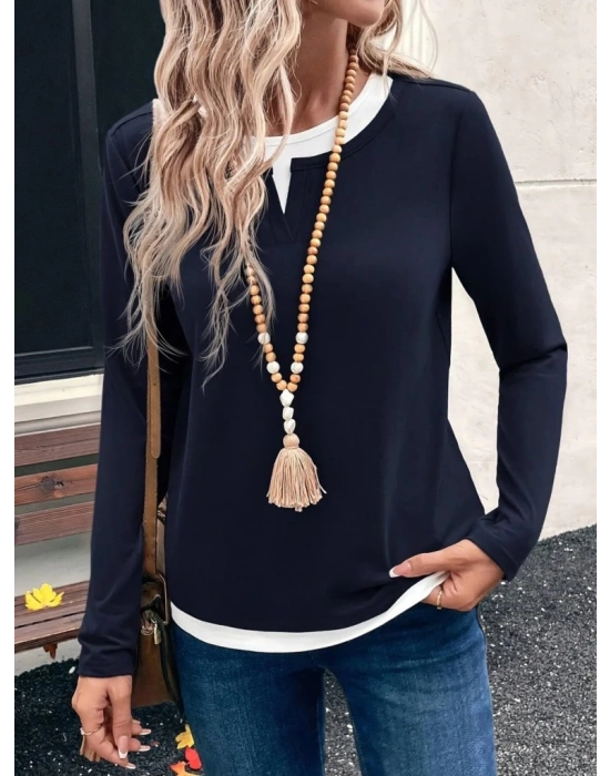 Kadın Uzun Kollu V Yakalı çift Renkli Viskon Iki Iplik Bluz