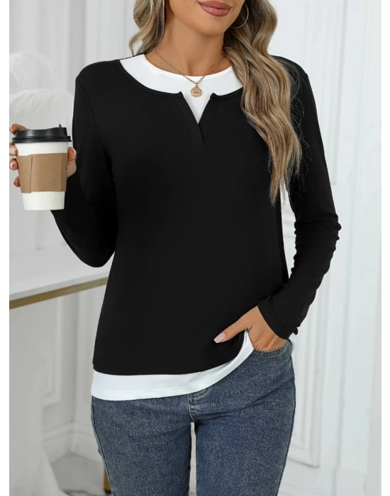 Kadın Uzun Kollu V Yakalı çift Renkli Viskon Iki Iplik Bluz