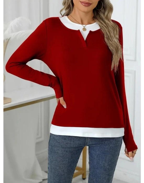 Kadın Uzun Kollu V Yakalı çift Renkli Viskon Iki Iplik Bluz