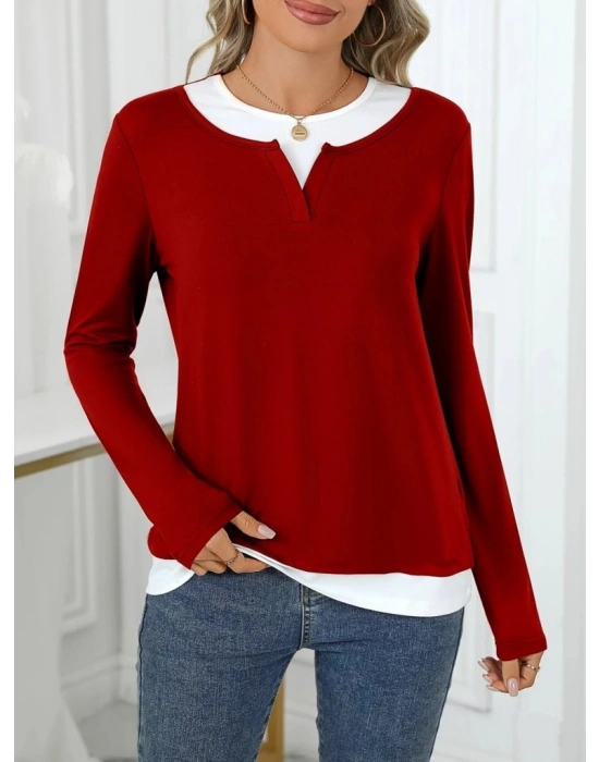 Kadın Uzun Kollu V Yakalı çift Renkli Viskon Iki Iplik Bluz