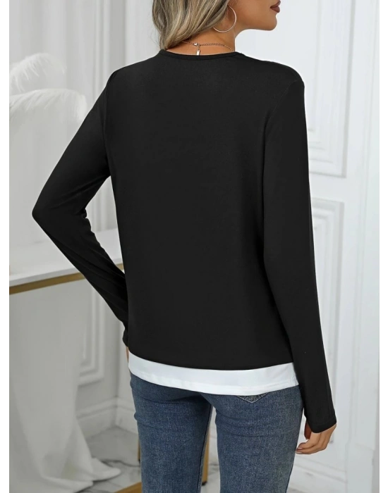 Kadın Uzun Kollu V Yakalı çift Renkli Viskon Iki Iplik Bluz