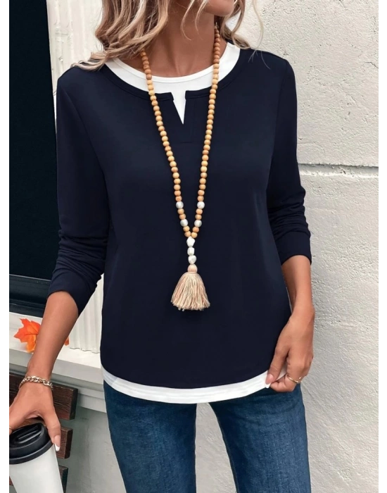 Kadın Uzun Kollu V Yakalı çift Renkli Viskon Iki Iplik Bluz