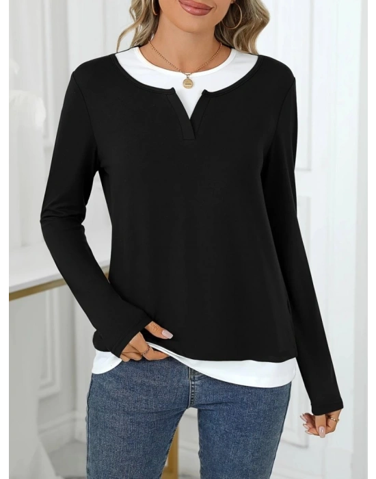 Kadın Uzun Kollu V Yakalı çift Renkli Viskon Iki Iplik Bluz