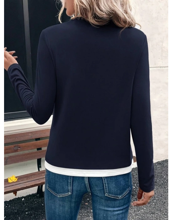 Kadın Uzun Kollu V Yakalı çift Renkli Viskon Iki Iplik Bluz