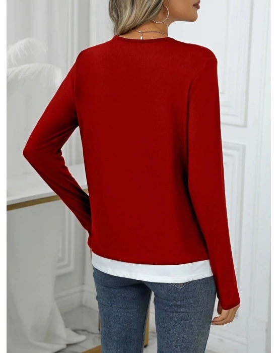 Kadın Uzun Kollu V Yakalı çift Renkli Viskon Iki Iplik Bluz