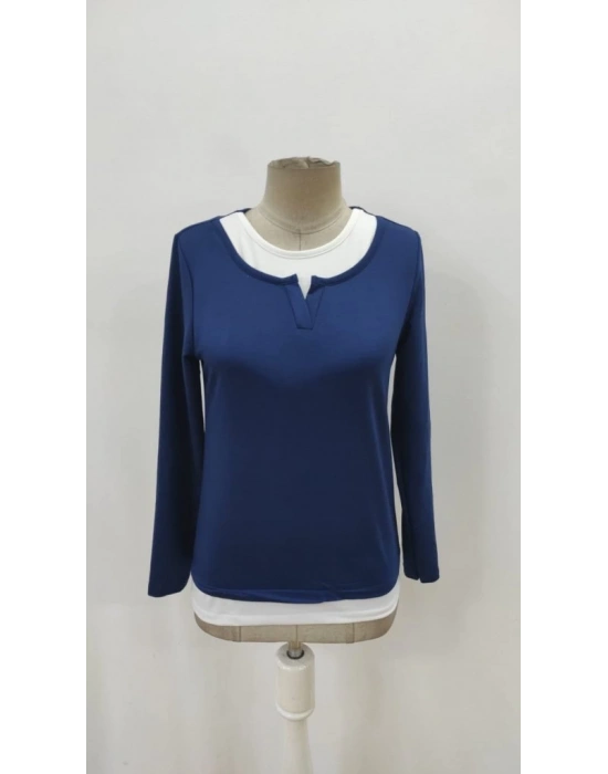 Kadın Uzun Kollu V Yakalı çift Renkli Viskon Iki Iplik Bluz