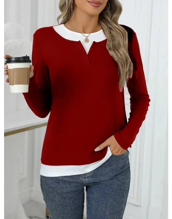 Kadın Uzun Kollu V Yakalı çift Renkli Viskon Iki Iplik Bluz