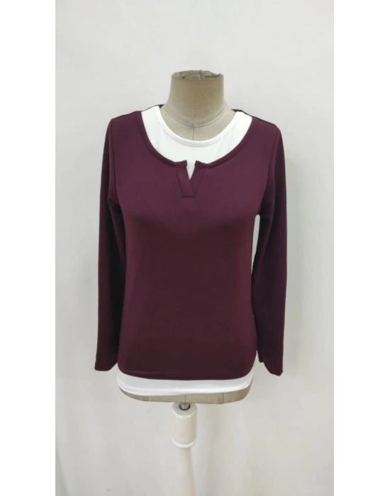 Kadın Uzun Kollu V Yakalı çift Renkli Viskon Iki Iplik Bluz