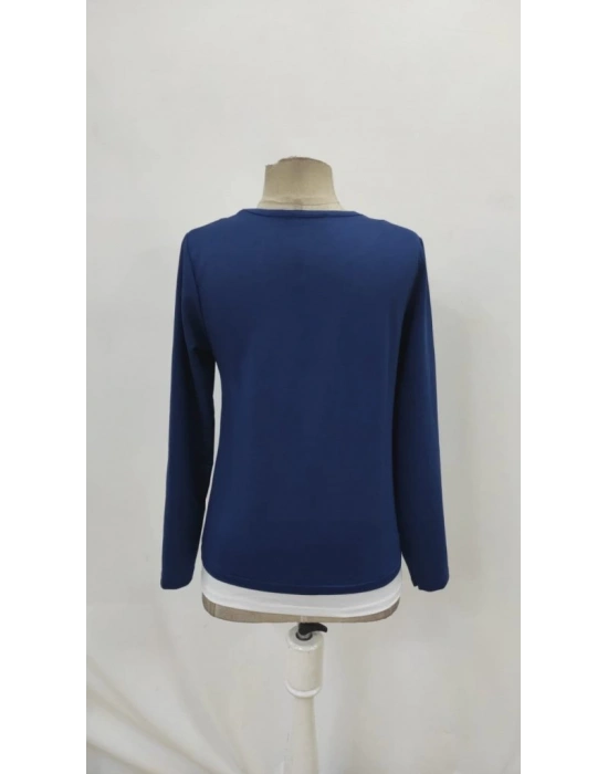 Kadın Uzun Kollu V Yakalı çift Renkli Viskon Iki Iplik Bluz