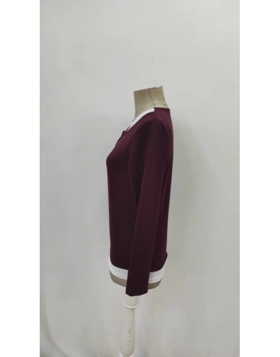 Kadın Uzun Kollu V Yakalı çift Renkli Viskon Iki Iplik Bluz