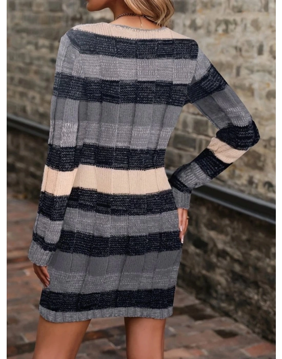 Kadın Uzun Kollu V Yakalı çizgili çok Renkli Triko Mini Elbise