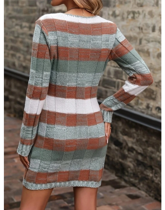 Kadın Uzun Kollu V Yakalı çizgili çok Renkli Triko Mini Elbise