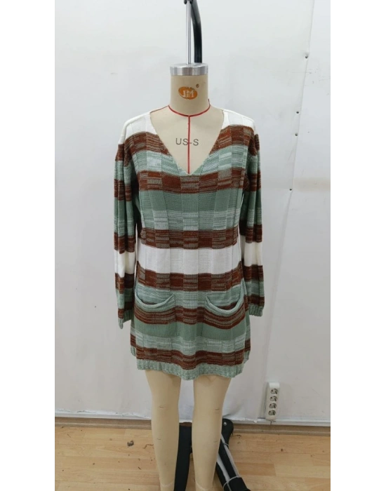 Kadın Uzun Kollu V Yakalı çizgili çok Renkli Triko Mini Elbise