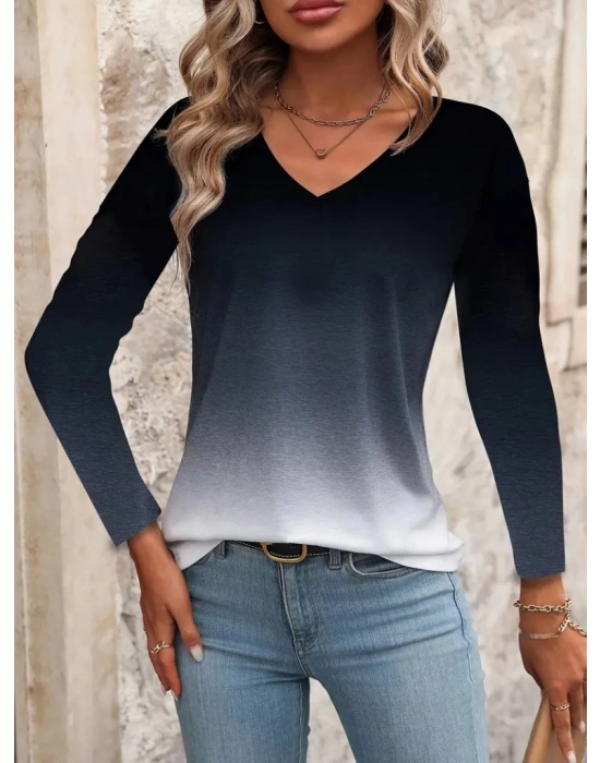 Kadın Uzun Kollu V Yakalı çok Renkli Süprem Bluz