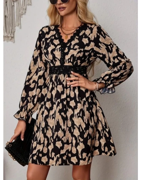 Kadın Uzun Kollu V Yakalı Dantel Detaylı Desenli Dalgıç Elbises