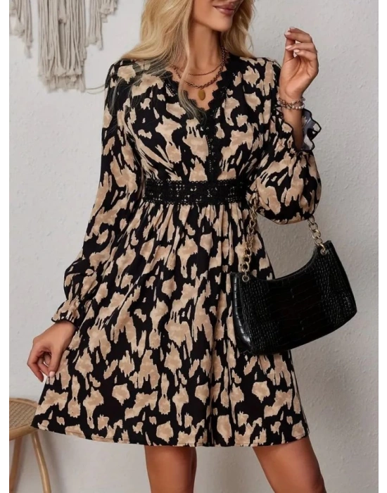 Kadın Uzun Kollu V Yakalı Dantel Detaylı Desenli Dalgıç Elbises