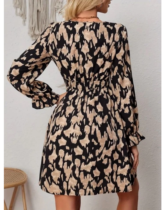 Kadın Uzun Kollu V Yakalı Dantel Detaylı Desenli Dalgıç Elbises