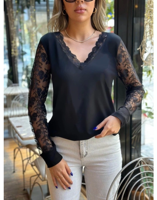 Kadın Uzun Kollu V Yakalı Dantel Detaylı Viskon Bluz