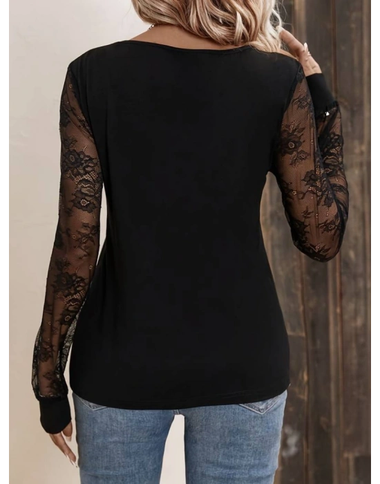 Kadın Uzun Kollu V Yakalı Dantel Detaylı Viskon Bluz