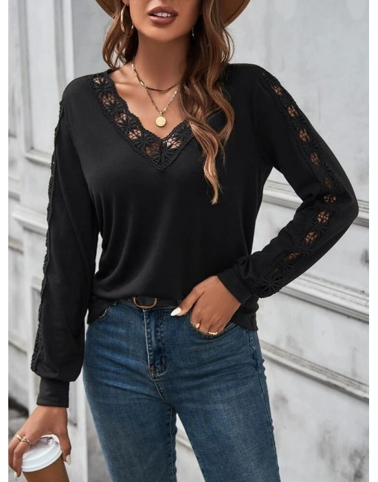 Kadın Uzun Kollu V Yakalı Dantel Detaylı Viskon Bluz
