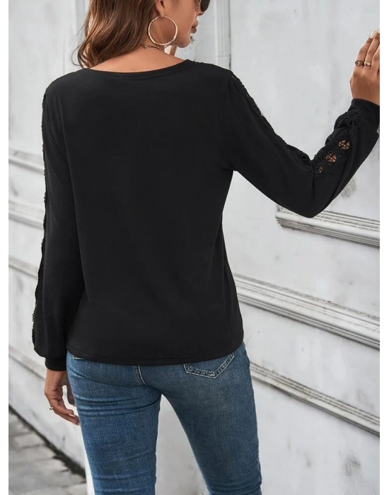 Kadın Uzun Kollu V Yakalı Dantel Detaylı Viskon Bluz