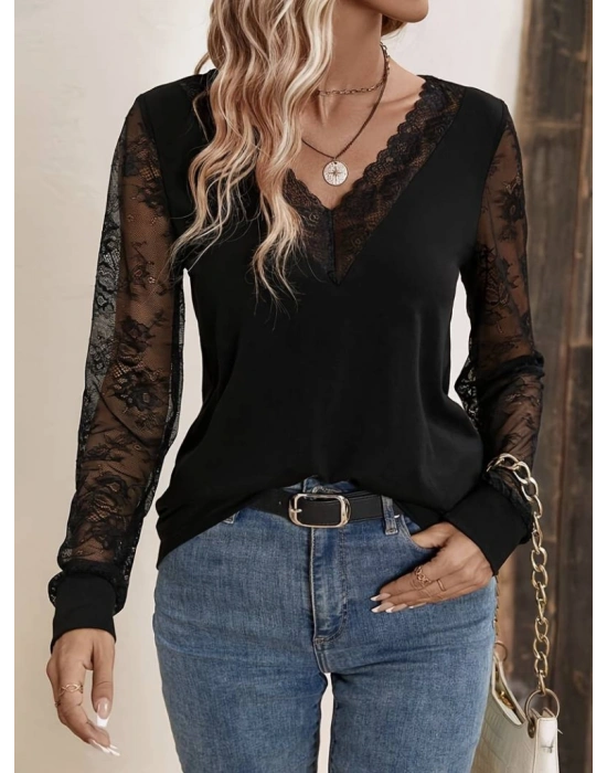 Kadın Uzun Kollu V Yakalı Dantel Detaylı Viskon Bluz