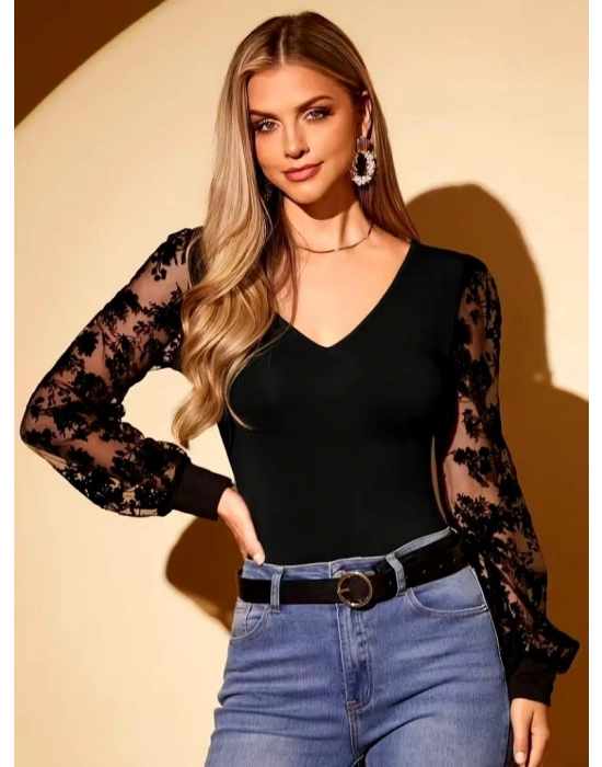 Kadın Uzun Kollu V Yakalı Dantelli Viskon Bluz