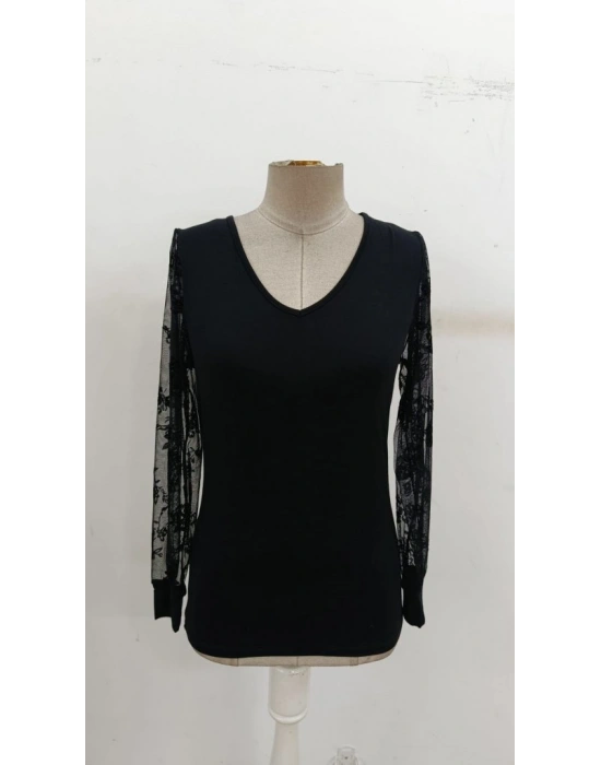 Kadın Uzun Kollu V Yakalı Dantelli Viskon Bluz