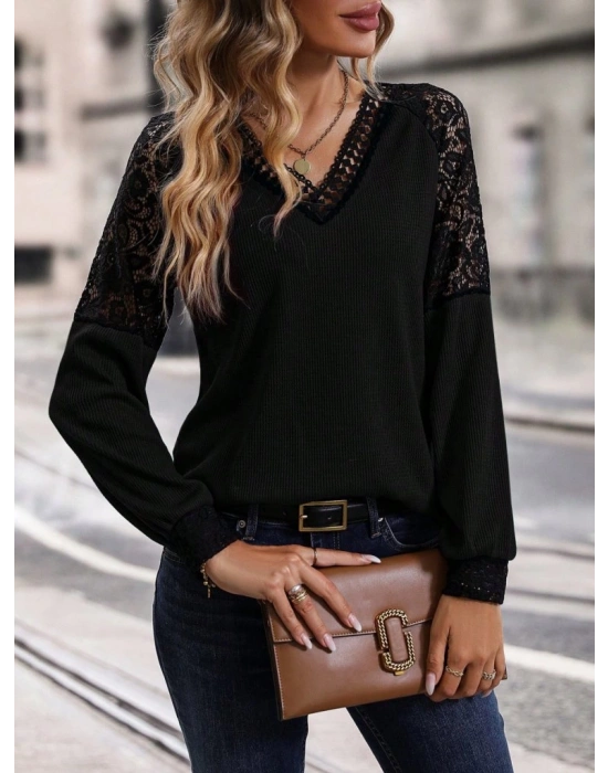 Kadın Uzun Kollu V Yakalı Dantelli Waffle Bluz
