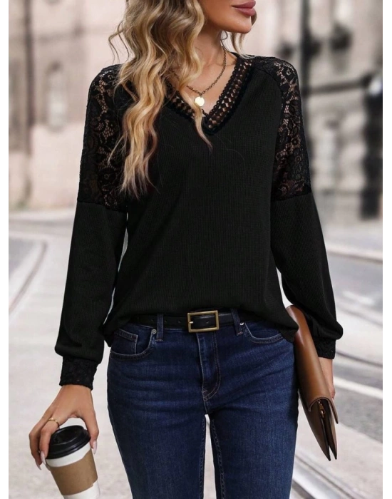 Kadın Uzun Kollu V Yakalı Dantelli Waffle Bluz