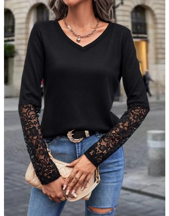 Kadın Uzun Kollu V Yakalı Dantelli Waffle Bluz