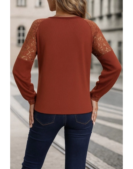 Kadın Uzun Kollu V Yakalı Dantelli Waffle Bluz