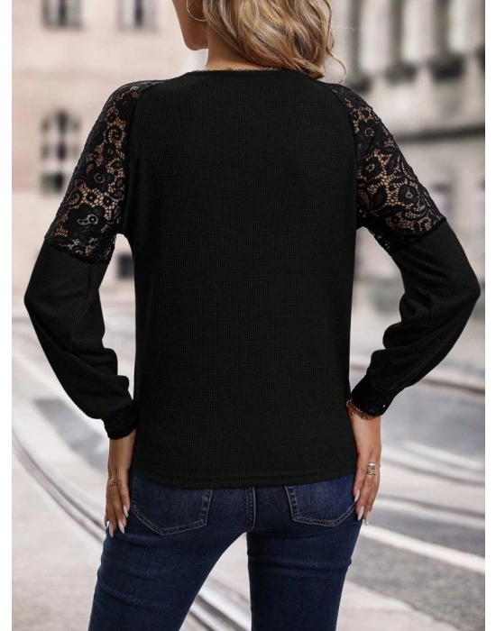 Kadın Uzun Kollu V Yakalı Dantelli Waffle Bluz